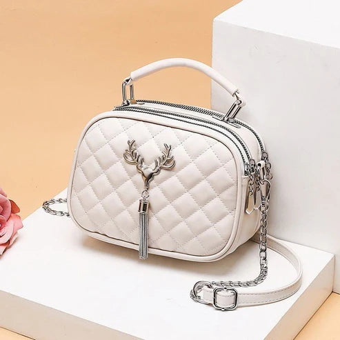 Stylish Quilted Women’s Shoulder Bag with Deer Charm and Chain Strap