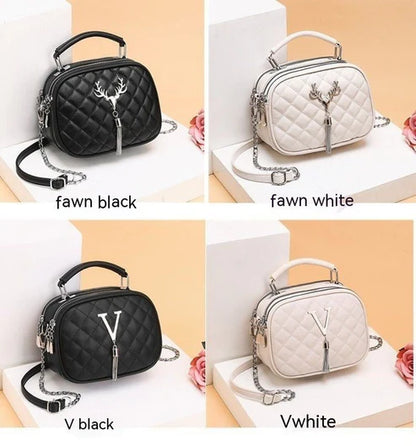 Stylish Quilted Women’s Shoulder Bag with Deer Charm and Chain Strap