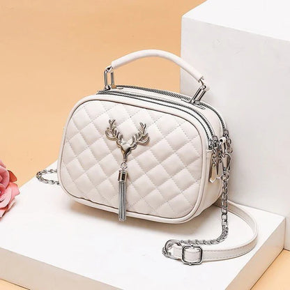 Stylish Quilted Women’s Shoulder Bag with Deer Charm and Chain Strap